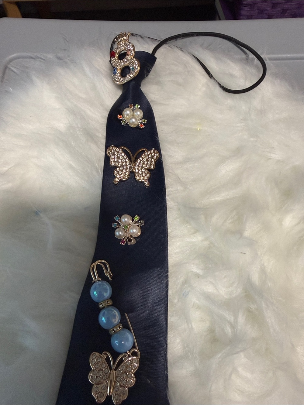 Navy Satin Embellished Headband with Gold Butterflies